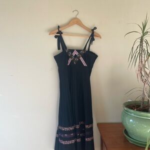 Vintage 1970s Joseph Ribkoff Black Maxi Dress with Floral Accents 70s prairie